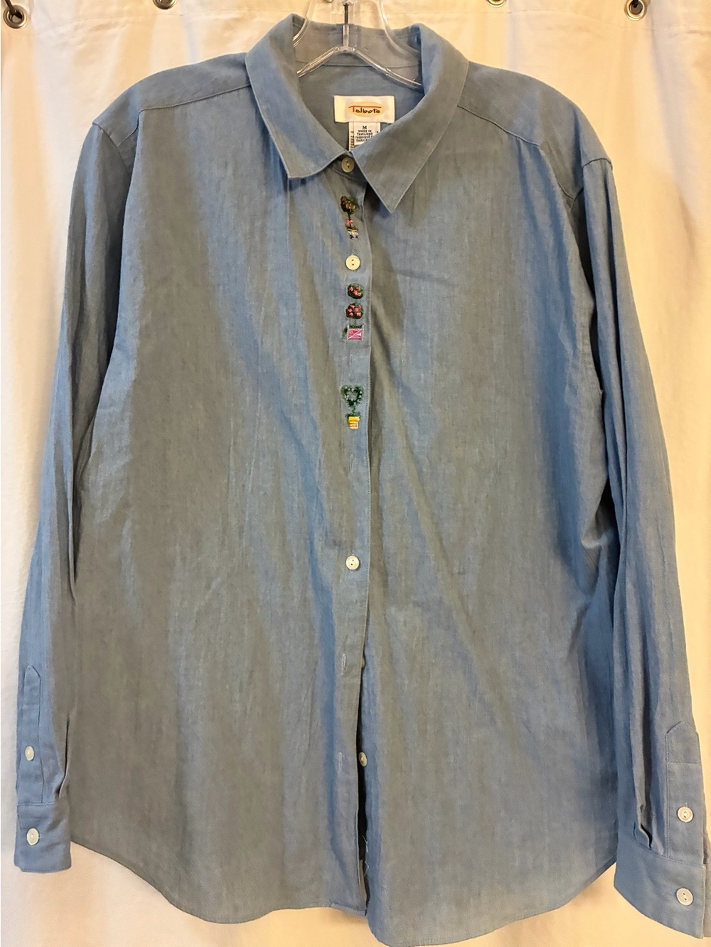 Talbots 100% Cotton Embroidered Long Sleeve Denim Shirt. Size M NWOT.Flower Pots